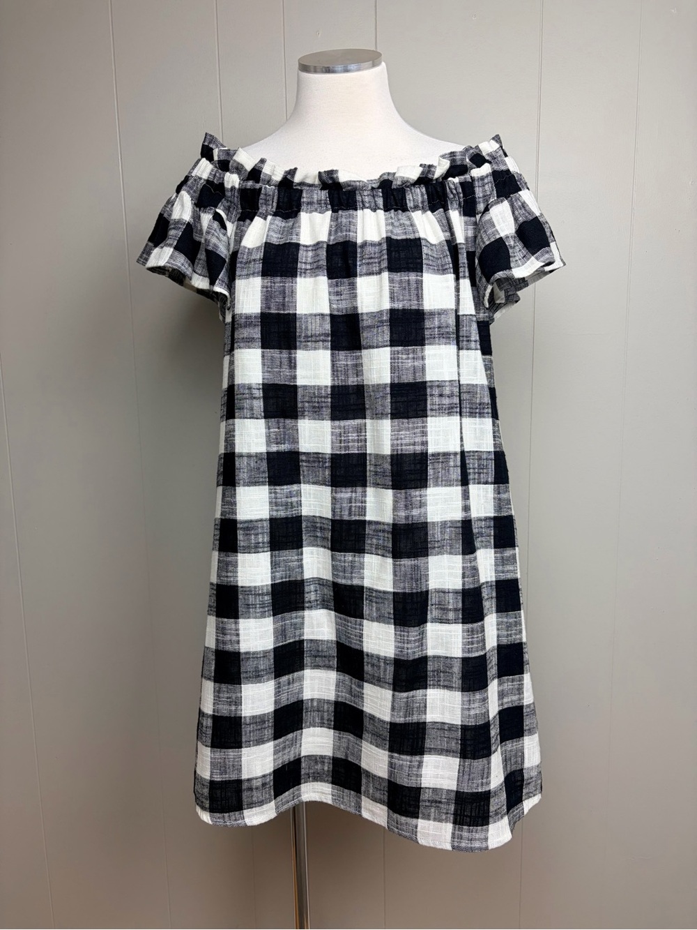 Corey Lynn Calter Black & White Buffalo Plaid Off Shoulder Linen Blend Dress XS